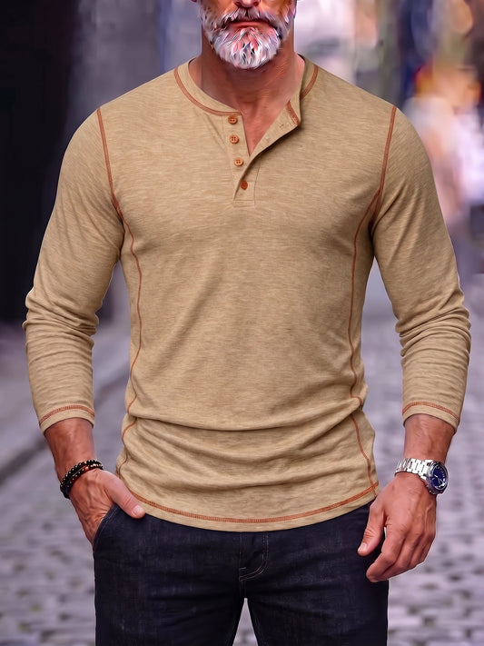 Men's Contrast Stitch Henley Long Sleeve Shirt