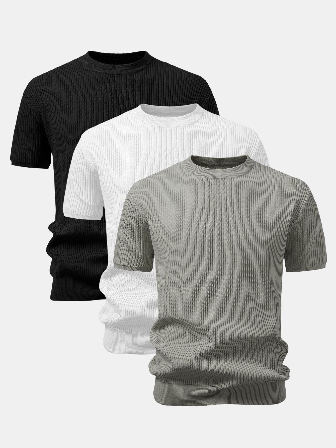 3 Pieces Ribbed Crew Neck Knit T-Shirt