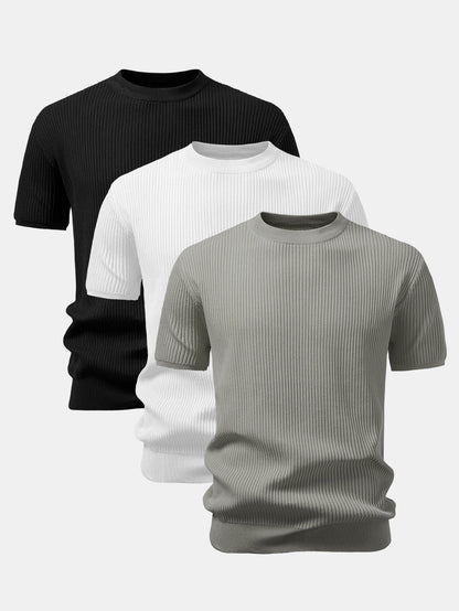 3 Pieces Ribbed Crew Neck Knit T-Shirt