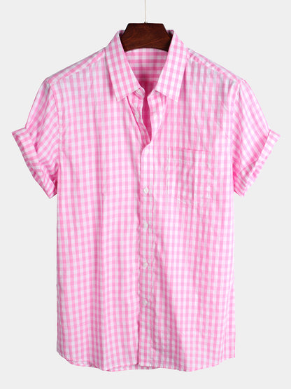 Men's Plaid Cotton Casual Solid Color Pocket Summer Holiday Button Up Short Sleeve Shirt