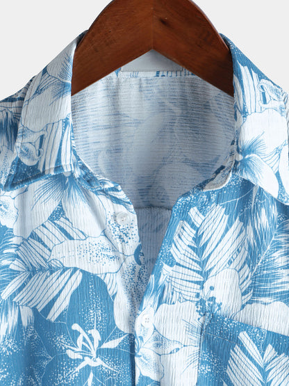 Men’s Blue Tropical Print Summer Beach Short Sleeve Shirt
