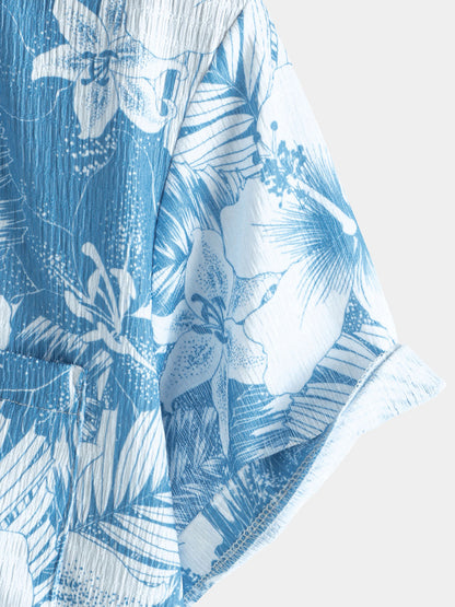 Men’s Blue Tropical Print Summer Beach Short Sleeve Shirt