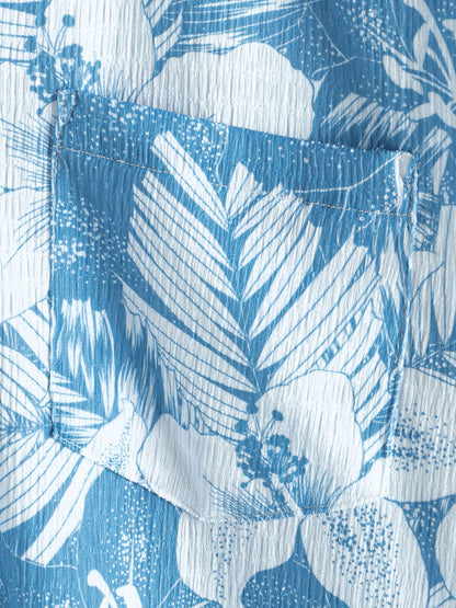 Men’s Blue Tropical Print Summer Beach Short Sleeve Shirt