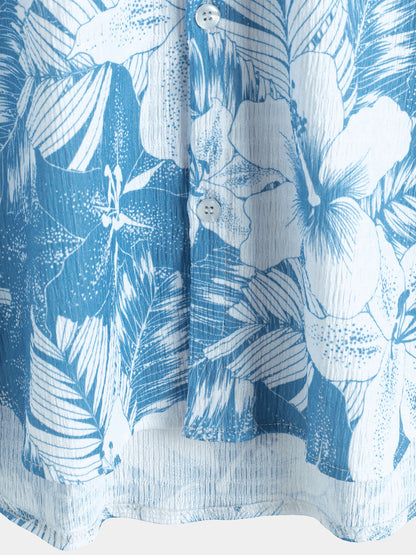 Men’s Blue Tropical Print Summer Beach Short Sleeve Shirt
