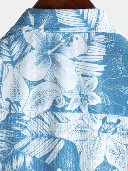 Men’s Blue Tropical Print Summer Beach Short Sleeve Shirt