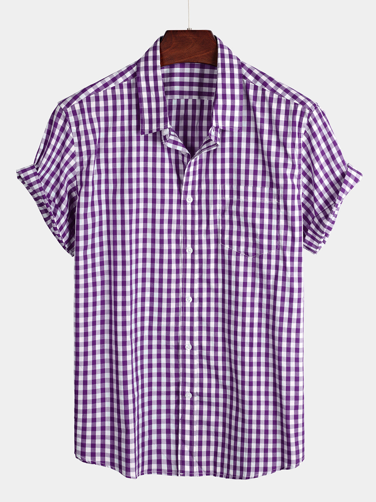 Men's Plaid Cotton Casual Solid Color Pocket Summer Holiday Button Up Short Sleeve Shirt