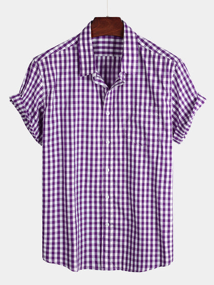 Men's Plaid Cotton Casual Solid Color Pocket Summer Holiday Button Up Short Sleeve Shirt