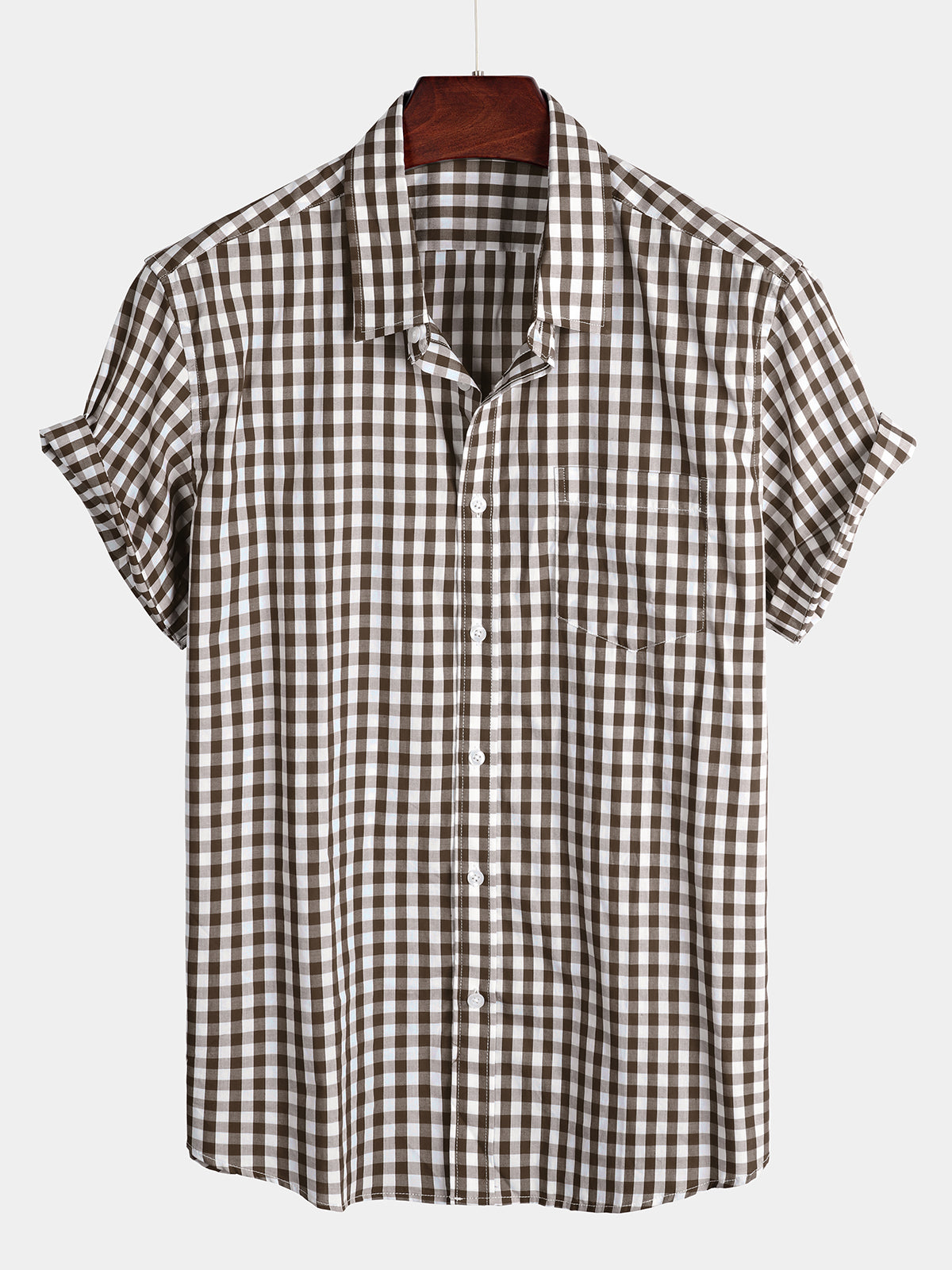 Men's Plaid Cotton Casual Solid Color Pocket Summer Holiday Button Up Short Sleeve Shirt