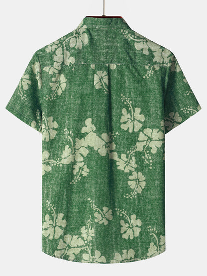 Men's Floral Hawaiian Pocket Green Button Up Short Sleeve Shirt