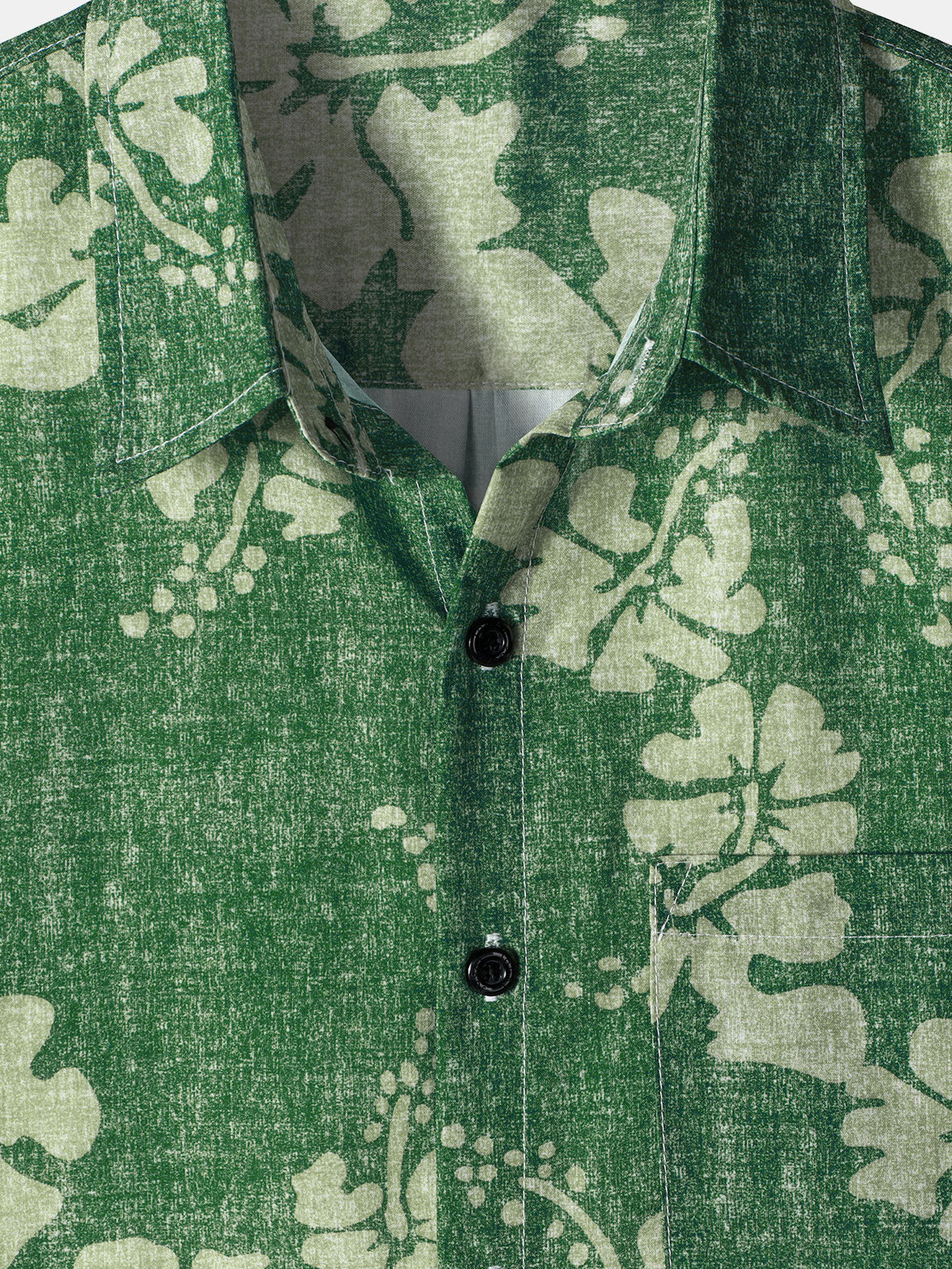 Men's Floral Hawaiian Pocket Green Button Up Short Sleeve Shirt