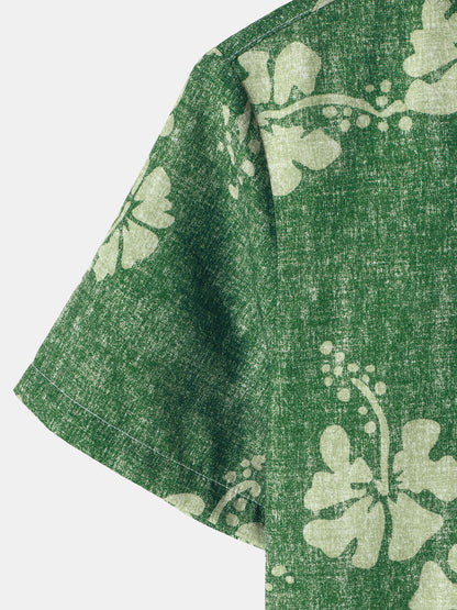 Men's Floral Hawaiian Pocket Green Button Up Short Sleeve Shirt
