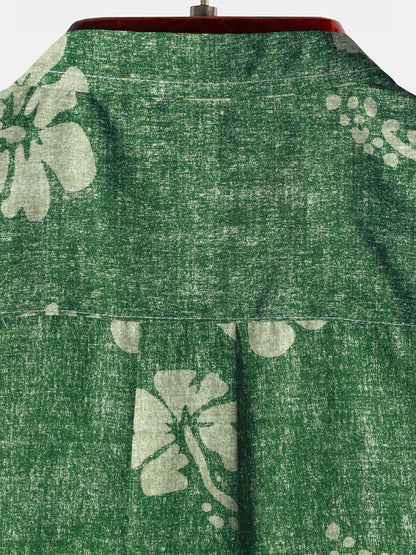 Men's Floral Hawaiian Pocket Green Button Up Short Sleeve Shirt