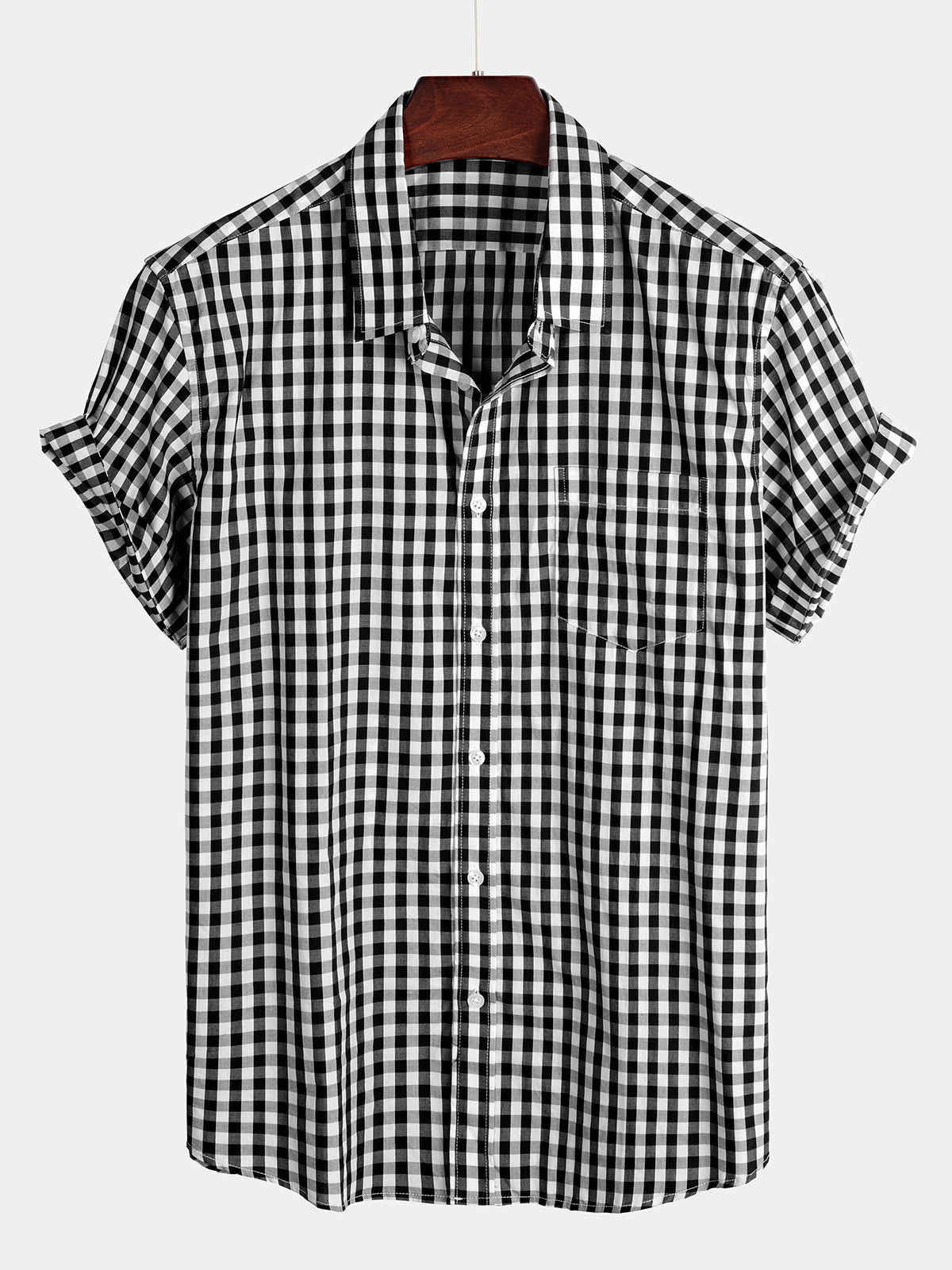 Men's Plaid Cotton Casual Solid Color Pocket Summer Holiday Button Up Short Sleeve Shirt