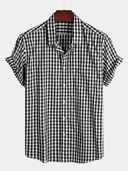 Men's Casual Solid Color Plaid Cotton Pocket Shirt