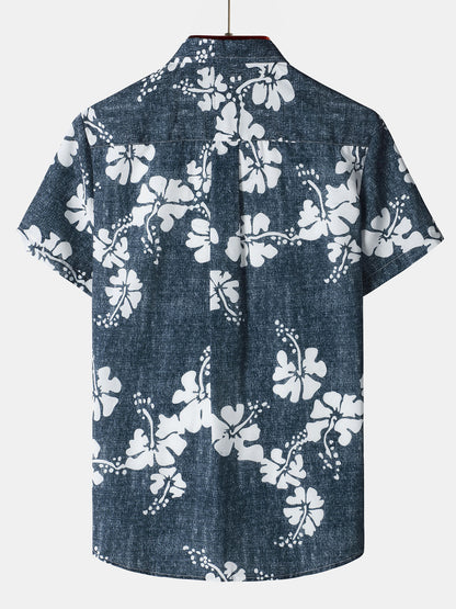 Men's Floral Hawaiian Pocket Navy Blue Button Up Short Sleeve Shirt