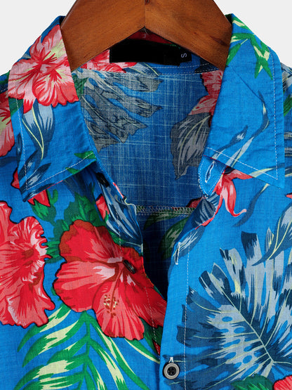 Men's Blue Flower Tropical Hawaii Cotton Short Sleeve Shirt