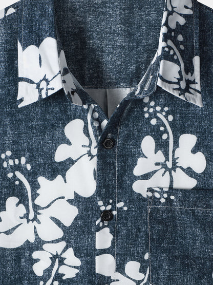 Men's Floral Hawaiian Pocket Navy Blue Button Up Short Sleeve Shirt