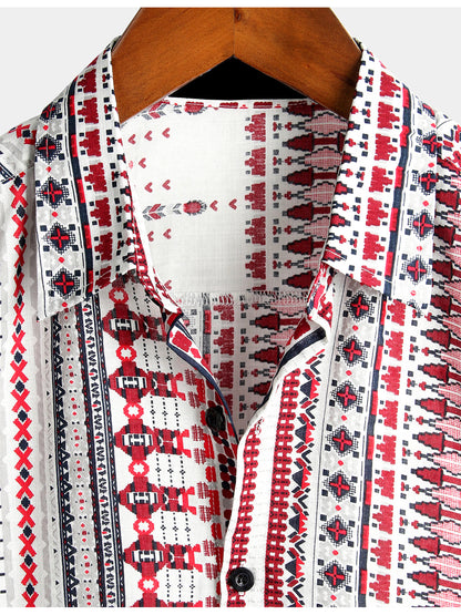 Men's Vintage Cotton Hawaiian White and Red Striped Beach Short Sleeve Shirt