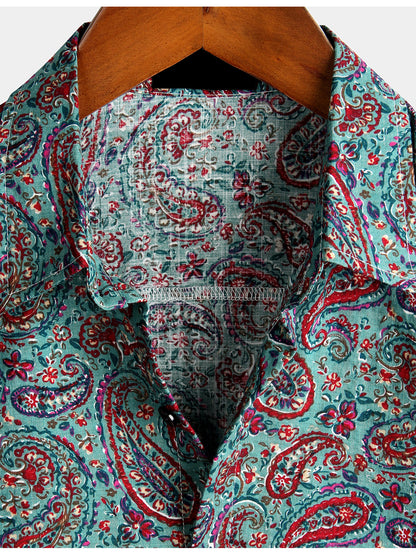 Men's Paisley Cotton Short Sleeve Button Up Vintage Shirt