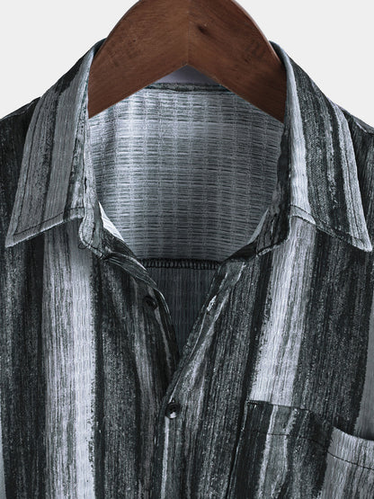 Men’s Vintage Black Striped Hawaiian Button Up Short Sleeve Shirt