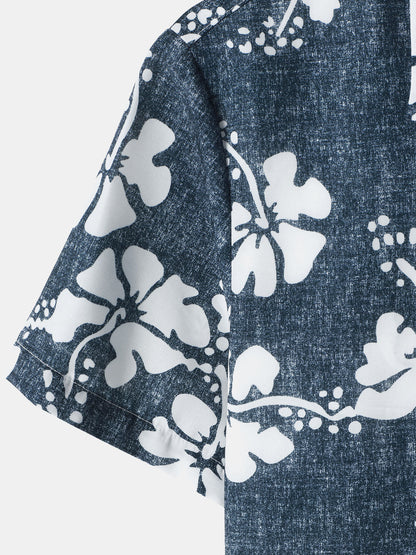 Men's Floral Hawaiian Pocket Navy Blue Button Up Short Sleeve Shirt