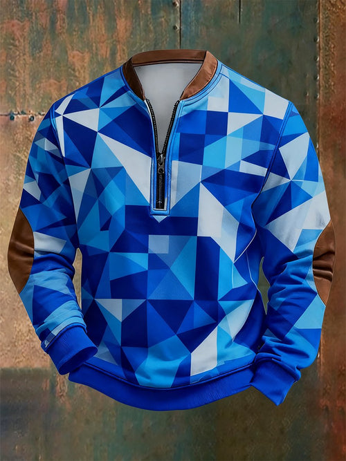 Men's Retro Bauhaus Geometric Style Print Quarter Zip Sweatshirt