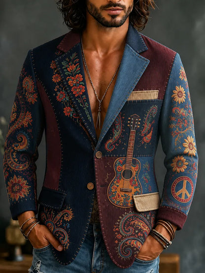 Men's National Hippie Color-blocked Floral Guitar Print Casual Blazer