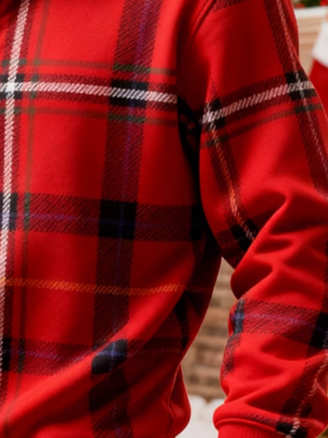 Men's Retro Color Block Print Christmas Fur Collar Sweatshirt