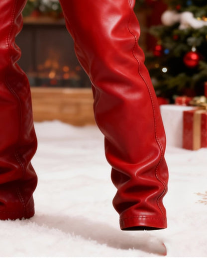 Men's Red Leather Patchwork Christmas Work Pants