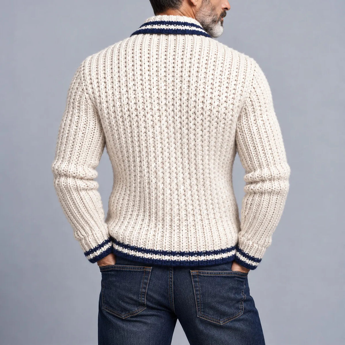 Men's Ivory Contrast Binding Notch Lapel Patch Pockets Single Breasted Chunky Knit Blazer