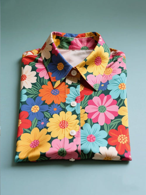 Men's Business Casual Floral Lapel Short Sleeve Shirt