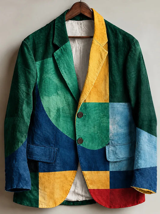 Men's Retro Geometry Color Block Art Print Casual Blazer