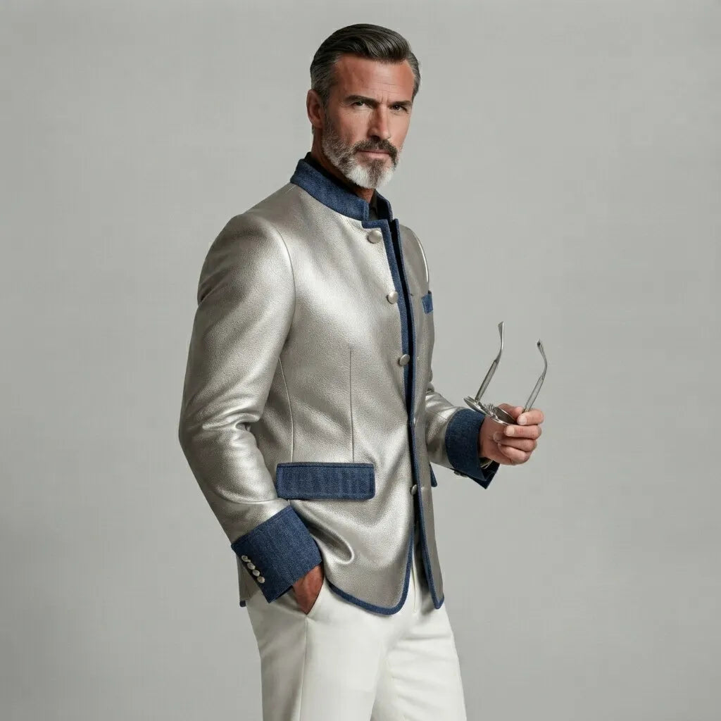 Men's Vintage Silver Mandarin Collar Single Breasted Denim Trim Slim Fit PU Leather Jacket