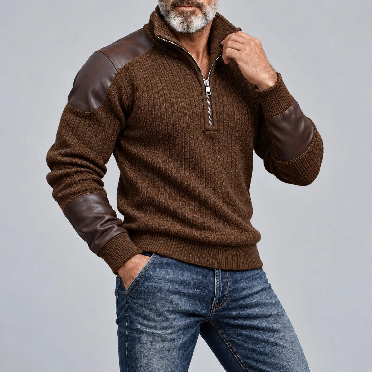 Men's Black Ribbed Knit Stand Collar Stitching PU Leather Half-Zip Pullover Sweatshirt