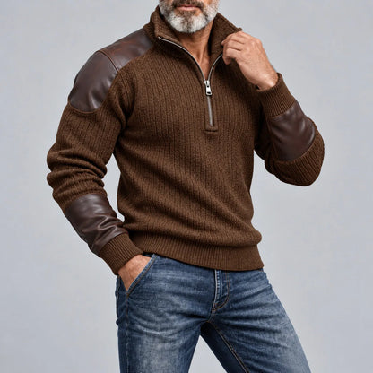 Men's Black Ribbed Knit Stand Collar Stitching PU Leather Half-Zip Pullover Sweatshirt