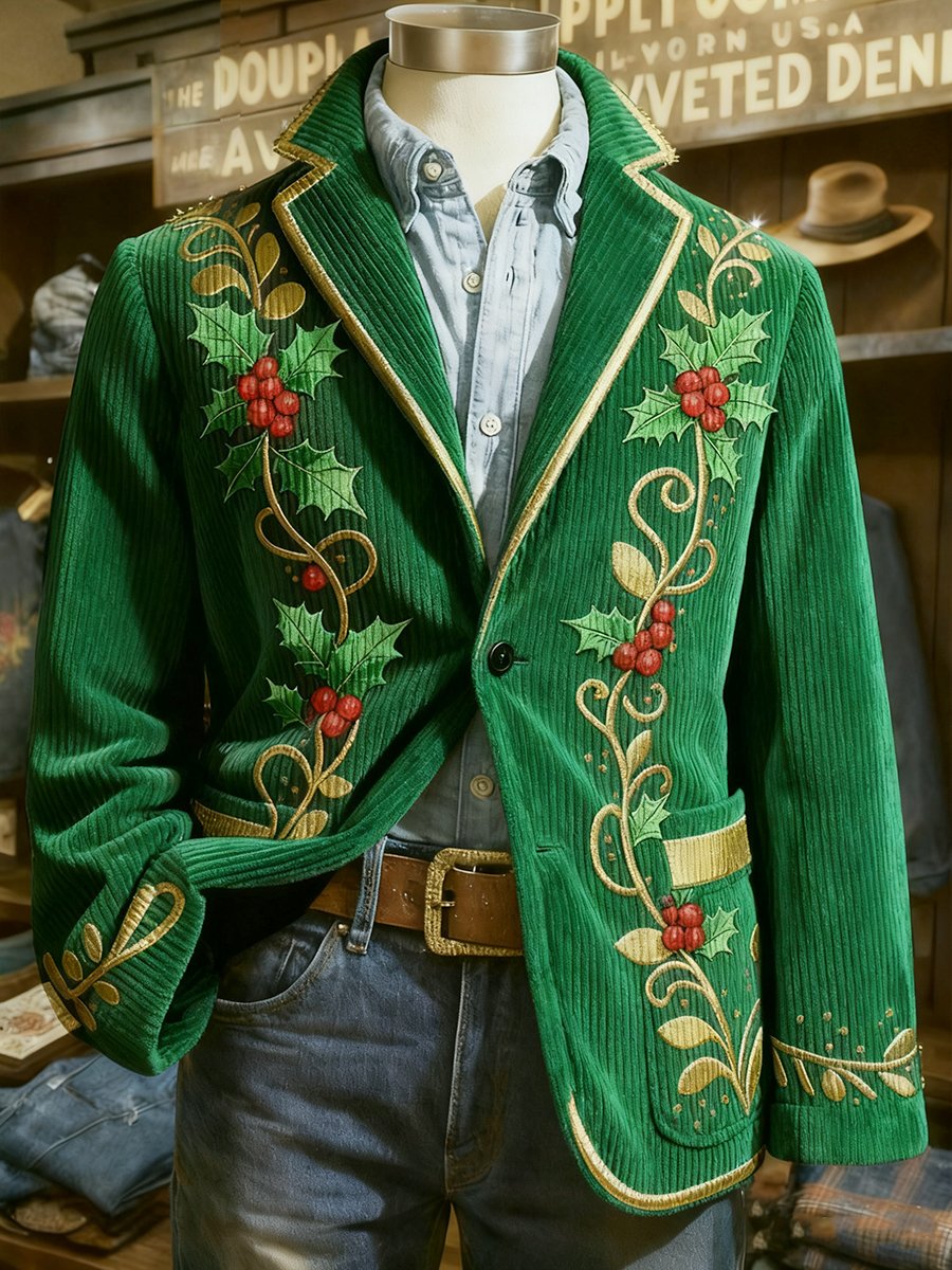 Men's Corduroy Christmas Holly Lapel Blazer