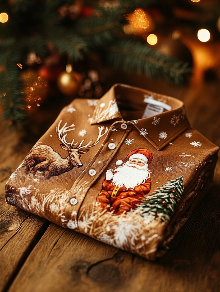 Christmas Men's Business Luxury Elk and Santa Claus Printed Long Sleeve Shirt