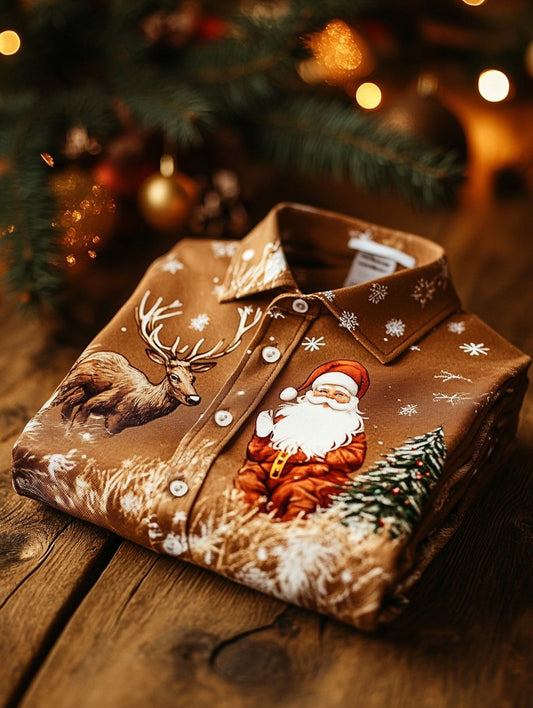 Christmas Men's Business Luxury Elk and Santa Claus Printed Long Sleeve Shirt