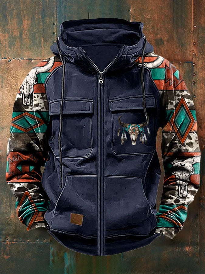 Men's Vintage Western Print Multi-Pocket Jacket