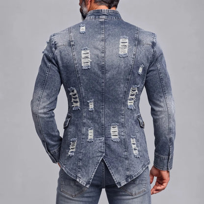 Men's Blue Vintage Distressed Washed Denim Ripped Stand Collar Single Breasted Slim Fit Jacket