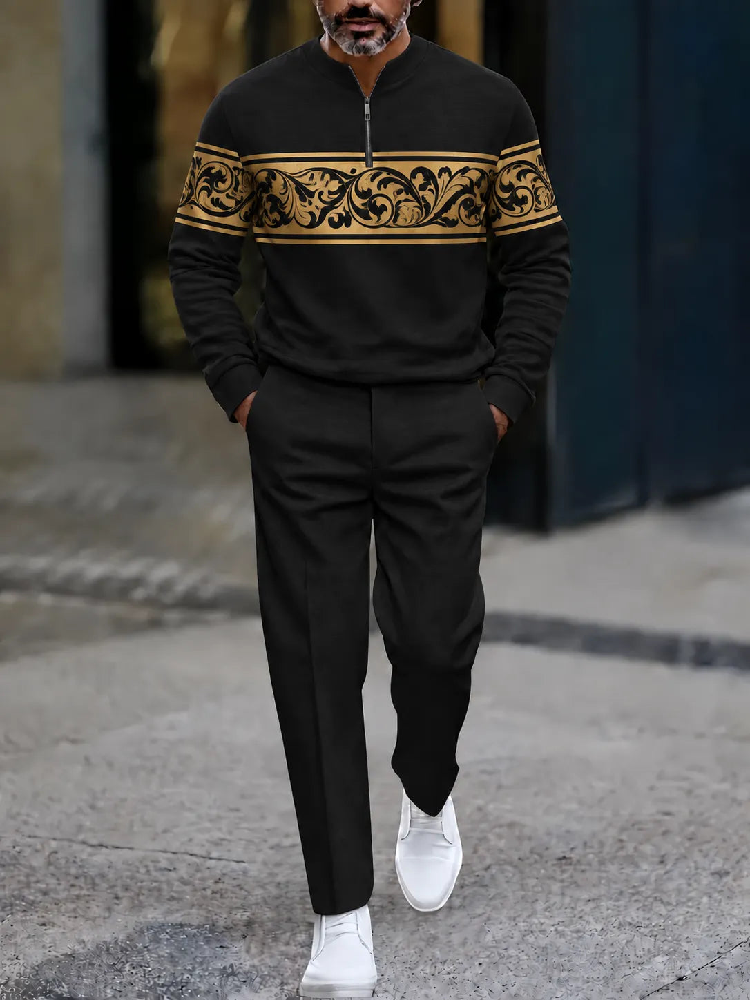 Men's Printed Zipper Polo Shirt and Pants Set