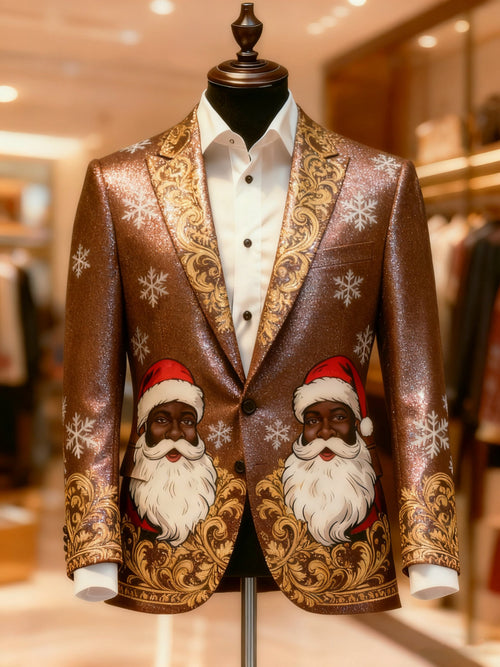 Men's Business Casual Notch Lapel Vintage Xmas Black Santa Claus Print Blazers
