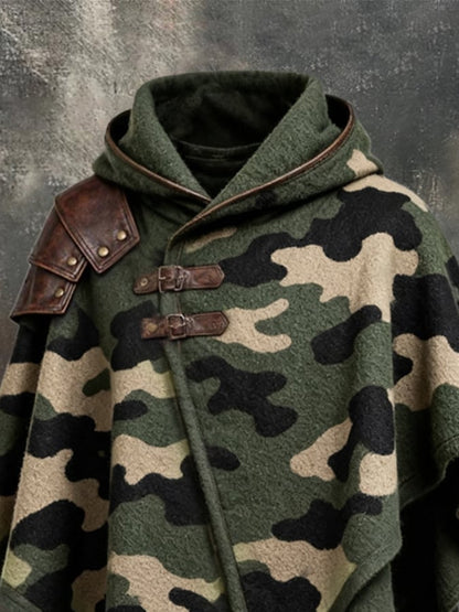 Men's Vintage Camouflage Print & Leather-Panel Wool-Blend Warm Cape/Poncho