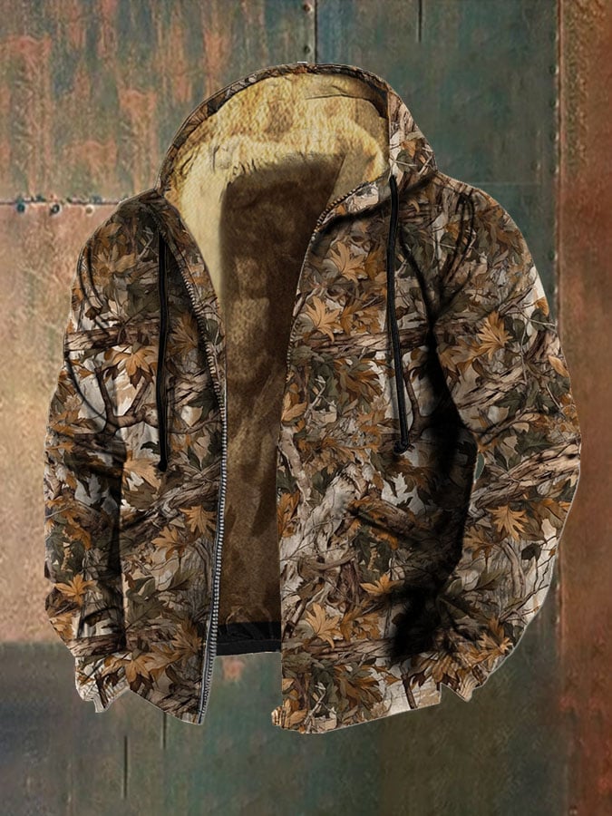 Men's Retro Autumn Tree Camouflage Print Zip Hooded Jacket