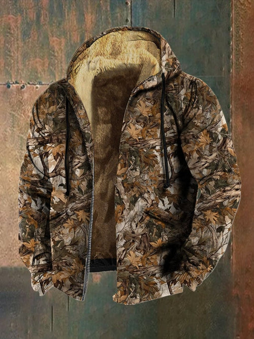 Men's Retro Autumn Tree Camouflage Print Zip Hooded Jacket