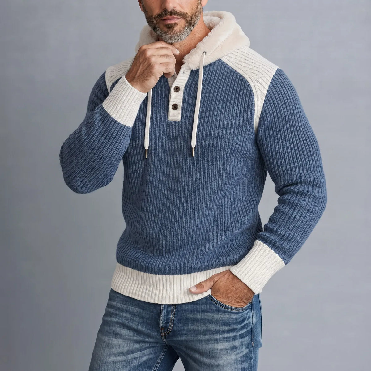Men's Stylish Color Block Fluffy Hooded Ribbed Knit Pullover Sweater