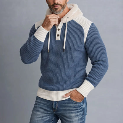Men's Stylish Color Block Fluffy Hooded Ribbed Knit Pullover Sweater