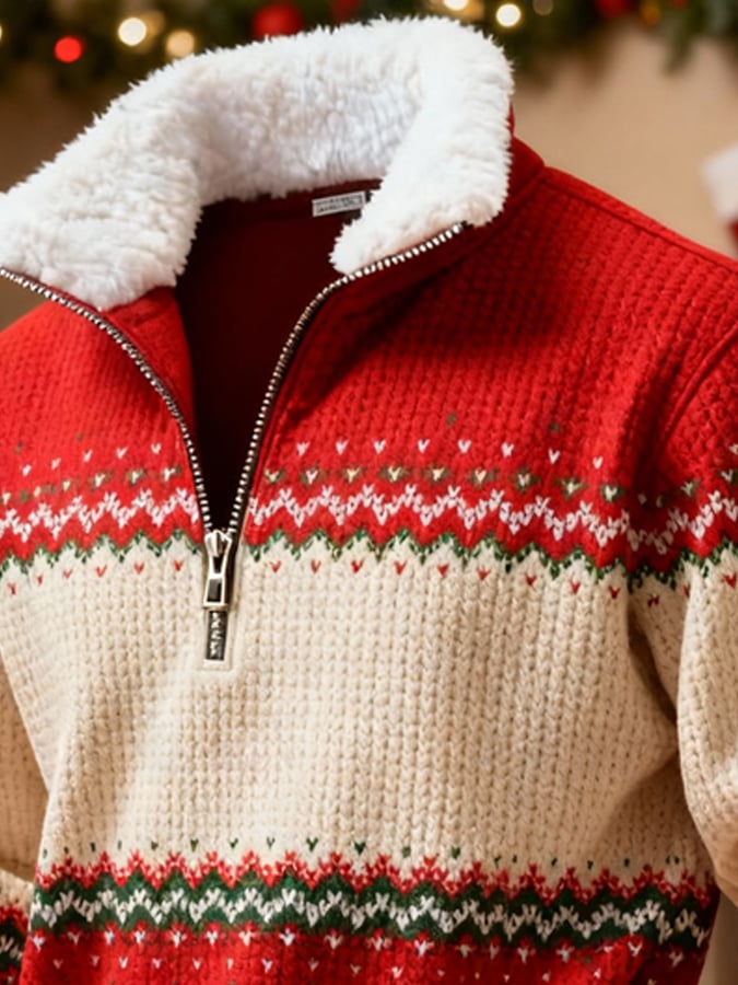 Men's Retro Color Block Print Christmas Fur Collar Sweatshirt