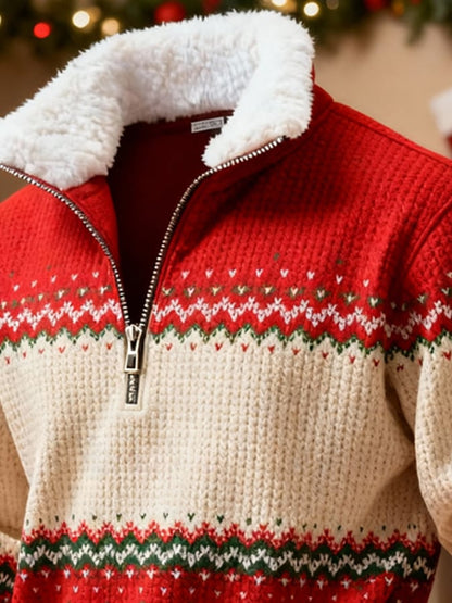 Men's Retro Color Block Print Christmas Fur Collar Sweatshirt