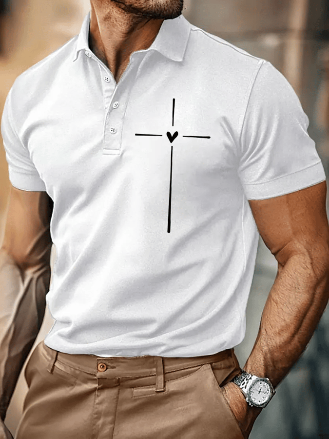 Men's Retro Faith Cross Print Polo Shirt